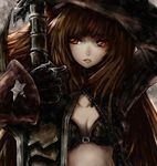  bikini_top black_gold_saw black_rock_shooter breasts brown_hair cleavage coat highres king_saw long_hair medium_breasts scar solo sword tree_(chenshu) weapon 