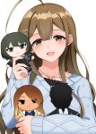  1girl absurdres ahoge amai_tsutomu blue_sweater blush brown_hair camellia_90 character_doll collarbone highres huge_ahoge hugging_object idolmaster idolmaster_cinderella_girls idolmaster_shiny_colors izumi_mei kuwayama_chiyuki long_hair looking_at_viewer smile solo sweater takagaki_kaede upper_body very_long_hair 