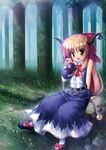  belt bow chain fang flower forest gourd hair_bow highres horns ibuki_suika log long_hair nature open_mouth orange_hair sitting sitting_on_object sitting_on_rock smile solo takeponi touhou tree wrist_cuffs yellow_eyes 