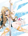  ankle_lace-up blonde_hair blue_eyes cross-laced_footwear hashioka_kerun long_hair midriff panty_&amp;_stocking_with_garterbelt panty_(psg) pole pole_dancing shoes skirt smile solo stripper_pole winged_shoes wings 
