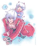  anger_vein angry bad_id bad_pixiv_id blue_eyes carrying child coat dante_(devil_may_cry) demon_tail devil_may_cry devil_may_cry_3 devil_may_cry_4 fingerless_gloves gloves hair_pull horns multiple_boys nero_(devil_may_cry) short_hair smile star tail uncle_and_nephew white_hair younger 