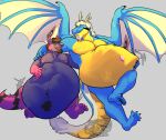 2022 4_fingers 4_toes 5_fingers 5_toes ambiguous_gender ambiguous_prey anthro beard belly belly_gem belly_hair big_belly body_hair canid canine canis coyote donny_(blakethewolf) dragon duo ear_piercing eyewear facial_hair feet fingers fluffy fluffy_tail gem glasses horn imprint male male/male male_pred mammal mythological_creature mythological_scalie mythology piercing purple_body raknar scalie squirming tail toes watermark wildside wings