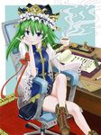  bad_id bad_pixiv_id blue_eyes boots chair cross-laced_footwear crossed_legs cup green_hair hat lace-up_boots legs mug office_chair scroll shiki_eiki short_hair sitting solo touhou urabe_michiru 