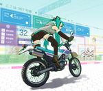  aqua_hair ass bike_shorts detached_sleeves gloves ground_vehicle hatsune_miku hood hoodie long_hair ma70 motor_vehicle motorcycle shadow solo thighhighs twintails vest vocaloid yamaha 