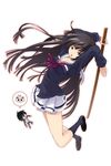  black_eyes black_hair bokken dr_rurru long_hair maeda_risou pig pleated_skirt school_uniform simple_background skirt socks solo sword very_long_hair weapon white_background wooden_sword 