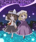  blonde_hair brown_eyes brown_hair chibi dress futami_yayoi hair_ribbon hat highres maribel_hearn multiple_girls necktie purple_eyes ribbon touhou usami_renko 