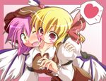  animal_ears biting blonde_hair blush blush_stickers geo_(yukishitadou) hair_ribbon hat heart multiple_girls mystia_lorelei neck_biting pink_hair red_eyes ribbon rumia short_hair spoken_heart tears touhou wings yellow_eyes yuri 