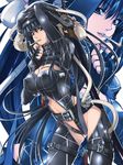  black_eyes black_hair breasts cigarette cleavage fingerless_gloves gloves large_breasts long_hair no_bra original smile smoking solo sword takase_muu thighhighs very_long_hair weapon zoom_layer 