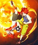  ball black_soccer_ball casual dual_persona fire fireball grin inazuma_eleven inazuma_eleven_(series) male_focus nagumo_haruya red_hair rocoya rotational_symmetry smile soccer_ball soccer_uniform sportswear telstar yellow_eyes 