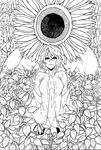  absurdres bad_id bad_pixiv_id breasts cleavage dress_shirt flower greyscale highres iro_marimo kazami_yuuka large_breasts monochrome no_bra no_pants open_clothes open_shirt panties shirt solo squatting sunflower touhou underwear 