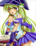  adapted_costume bare_shoulders book breasts cleavage cosplay crossover dark_magician_girl dark_magician_girl_(cosplay) duel_monster frog green_eyes green_hair hair_ornament kochiya_sanae large_breasts long_hair pentacle sakagatsu snake solo touhou yin_yang yuu-gi-ou yuu-gi-ou_duel_monsters 