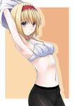  alice_margatroid armpits arms_up bad_id bad_pixiv_id blonde_hair blue_eyes bra hairband kamata_yuuya lingerie pantyhose short_hair solo touhou underwear undressing 