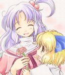  ^_^ alice_margatroid alice_margatroid_(pc-98) bad_id bad_pixiv_id blonde_hair blue_hairband carnation closed_eyes flower hair_bobbles hair_ornament hairband kanoe_soushi lavender_hair long_hair mother's_day motherly multiple_girls shinki short_hair side_ponytail smile touhou touhou_(pc-98) yellow_eyes 