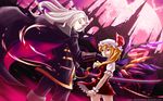  1girl alucard_(castlevania) cape castle castlevania castlevania:_symphony_of_the_night chin_grab crossover flandre_scarlet full_moon long_hair moon red_eyes silver_hair starbowbreak sword touhou weapon wings 