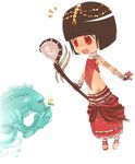  artist_request bangs blunt_bangs bob_cut brown_hair chibi flower guild_wars gwen_(guild_wars) lowres midriff red_eyes sandals short_hair skirt smile solo staff 