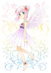  angel_wings anklet aqua_eyes barefoot double_bun dress flower hair_flower hair_ornament ibuki_ena jewelry original pink_hair short_hair sidelocks solo wings 