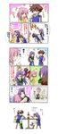  3girls :3 alcohol beer blonde_hair blue_eyes brown_hair butz_klauser comic eyes_closed faris_scherwiz female final_fantasy final_fantasy_v green_eyes headband highres hug krile_mayer_baldesion kurosuema lenna_charlotte_tycoon long_hair male multiple_girls pink_hair ponytail purple_hair short_hair sitting table translation_request 