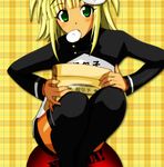  bag blonde_hair chinese_clothes dark_skin food green_eyes kiiro kufei mahou_sensei_negima! parody sitting solo thighhighs 