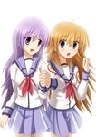  ahoge angel_beats! blonde_hair holding_hands irie_(angel_beats!) multiple_girls purple_hair school_uniform sekine yoshitani_(aminosan) 