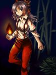  bamboo dark fire fujiwara_no_mokou haze_(pixiv118794) highres leaf pants solo suspenders torn_clothes touhou 