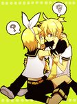  1girl ? anzu_(o6v6o) bad_id bad_pixiv_id blonde_hair brother_and_sister detached_sleeves hair_ornament hair_ribbon hairclip hug incest kagamine_len kagamine_rin necktie ribbon siblings straddling twincest twins upright_straddle vocaloid yellow_neckwear 