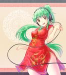  china_dress chinese_clothes dress eyeliner green_hair headphones highres hyuuga_azuri makeup nail_polish original red_nails smile solo 