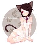  animal_ears ar_tonelico ar_tonelico_iii bad_id bad_pixiv_id bandage_over_one_eye bandages black_hair bow brown_eyes cat_ears cat_tail chemise dress filament hair_ornament hairclip kneeling masto red_eyes short_hair solo strap_slip tail torn_clothes 