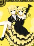  1girl armpits bad_id bad_pixiv_id bare_shoulders blonde_hair blue_eyes bow bowtie brother_and_sister carrying dress elbow_gloves flower gloves highres kagamine_len kagamine_rin kuroha_ai princess_carry rose short_hair siblings smile twins vocaloid yellow 
