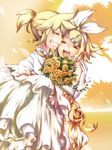  1girl bad_id bad_pixiv_id blonde_hair bouquet bride brother_and_sister carrying dress elbow_gloves fang flower fujimaru_jiji gloves grin hair_ornament hair_ribbon hairclip holding kagamine_len kagamine_rin princess_carry ribbon rose short_hair siblings smile twins vocaloid wedding wedding_dress 