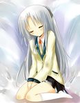  angel_beats! bad_id bad_pixiv_id blazer blue_hair closed_eyes hairband half_updo highres jacket kneehighs long_hair naomi_(sekai_no_hate_no_kissaten) school_uniform sitting skirt sleeping sleeping_upright socks solo tenshi_(angel_beats!) v_arms wariza 