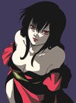  1girl bare_shoulders black_hair breasts cleavage female japanese_clothes kimono kousetsu_hyaku_monogatari long_hair looking_up lowres ogin quite red_eyes requiem_from_the_darkness simple_background solo 
