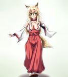  animal_ears blonde_hair blush breasts bridal_gauntlets cleavage collar detached_sleeves fox_ears fox_tail green_eyes hakama japanese_clothes large_breasts long_hair miko mitsuru_(madeinore) original red_hakama smile solo tabi tail 