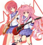  ahoge angel_beats! ankle_lace-up cross-laced_footwear demon_tail guitar highres instrument iwasawa kujou_ichiso lifeline long_hair multiple_girls pink_eyes pink_hair red_eyes red_hair school_uniform serafuku short_hair skirt sleeves_rolled_up smile socks tail thigh_strap two_side_up yui_(angel_beats!) 