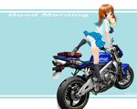  arm_support ass bad_id bad_pixiv_id black_eyes blue_background blue_skirt bread brown_hair english food food_in_mouth ground_vehicle late_for_school legs looking_at_viewer motor_vehicle motorcycle mouth_hold original panties pleated_skirt retsumaru school_uniform serafuku shirt_tan shorts_tan skirt socks solo tan tanline toast toast_in_mouth underwear upskirt white_panties 