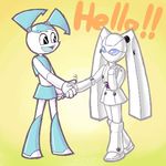  2girls android crossover drossel_von_flugel fireball fireball_(series) gynoid handshake hello jennifer_wakeman jenny_wakeman lowres mecha multiple_girls my_life_as_a_teenage_robot nickelodeon robot robot_girl smile twintails xj-9 