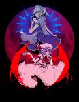 ann606 bat_wings card chin_rest clock cup full_moon glowing holding holding_card izayoi_sakuya knife maid moon multiple_girls one_eye_closed playing_card pocket_watch red_eyes red_moon remilia_scarlet short_hair skirt_hold smile spill teacup touhou watch wings 