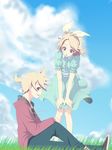  1girl aqua_eyes blonde_hair brother_and_sister cloud day dress grass hair_ribbon hands_on_own_knees highres hood hoodie kagamine_len kagamine_rin leaning_forward open_mouth ponytail ribbon short_hair siblings sitting skirt sky smile twins vocaloid wind yooguru 