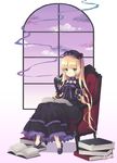  bad_id bad_pixiv_id blonde_hair book chair cloud dress flower frills full_body gosick gothic_lolita green_eyes hat lolita_fashion long_hair no_socks nyanya pipe purple rose shoes sitting sky smoke solo star_(sky) victorica_de_blois window 