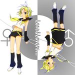  1girl bad_id bad_pixiv_id blonde_hair blue_eyes brother_and_sister detached_sleeves headphones highres kagamine_len kagamine_rin mars_symbol midriff mikami_mika ribbon rotational_symmetry short_hair siblings twins ura-omote_lovers_(vocaloid) venus_symbol vocaloid 