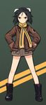  animal_ears bandaid bandaid_on_face black_footwear boots brave_witches full_body hands_on_hips jacket kanno_naoe leather leather_jacket legs_apart looking_at_viewer scarf shimada_fumikane solo standing striped striped_scarf uniform world_witches_series 