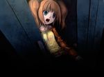  1girl brown_hair clothes dark death empty_eyes highres idolmaster in_container locker open_mouth orange_hair solo takatsuki_yayoi twintails wet 