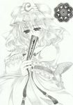  absurdres bad_id bad_pixiv_id closed_fan covering_mouth fan folding_fan graphite_(medium) hat highres japanese_clothes lilyvanilla monochrome saigyouji_yuyuko short_hair solo touhou traditional_media 