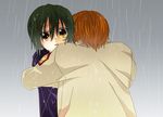  angel_beats! hug male_focus mirakururu multiple_boys naoi_ayato otonashi_(angel_beats!) rain school_uniform 