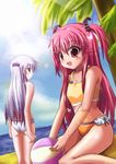  angel_beats! bad_id bad_pixiv_id ball beach beachball belt bikini day fang half_updo highres long_hair multiple_girls pink_eyes pink_hair rayhwang silver_hair swimsuit tenshi_(angel_beats!) two_side_up yellow_eyes yui_(angel_beats!) 