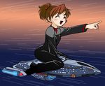  ^_^ brown_hair closed_eyes commentary_request giantess pointing ponytail solo space_craft star_trek uniform zosho 