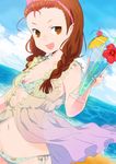  akai_ginkou bad_id bad_pixiv_id beach bikini blue_hawaii braid brown_eyes brown_hair camisole day drink dutch_angle flat_chest hairband idolmaster idolmaster_(classic) long_hair minase_iori see-through solo swimsuit tropical_drink twin_braids 