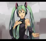  detached_sleeves green_eyes green_hair hand_on_own_chest hatsune_miku headphones headset letterboxed long_hair music necktie open_mouth shihou_(g-o-s) singing solo twintails vocaloid 