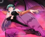  animal_print bat_print bat_wings breasts cleavage curvy demon_girl eclipse elbow_gloves gloves green_hair head_wings large_breasts long_hair morrigan_aensland pantyhose print_legwear purple_wings solar_eclipse solo succubus usatarou vampire_(game) wide_hips wings 