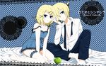  1girl apple bad_id bad_pixiv_id blonde_hair blue_eyes blush brother_and_sister camisole food fruit hair_ornament hairclip highres kagamine_len kagamine_rin kuroha_ai romeo_to_cinderella_(vocaloid) short_hair siblings sitting smile strap_slip twins vocaloid wallpaper 