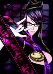  amulet bayonetta bayonetta_(character) black_hair bodysuit breasts cleavage cleavage_cutout eyeshadow glasses gloves hair_bun hair_ornament highres lamiu large_breasts makeup mascara mole purple_eyes solo weapon whip 